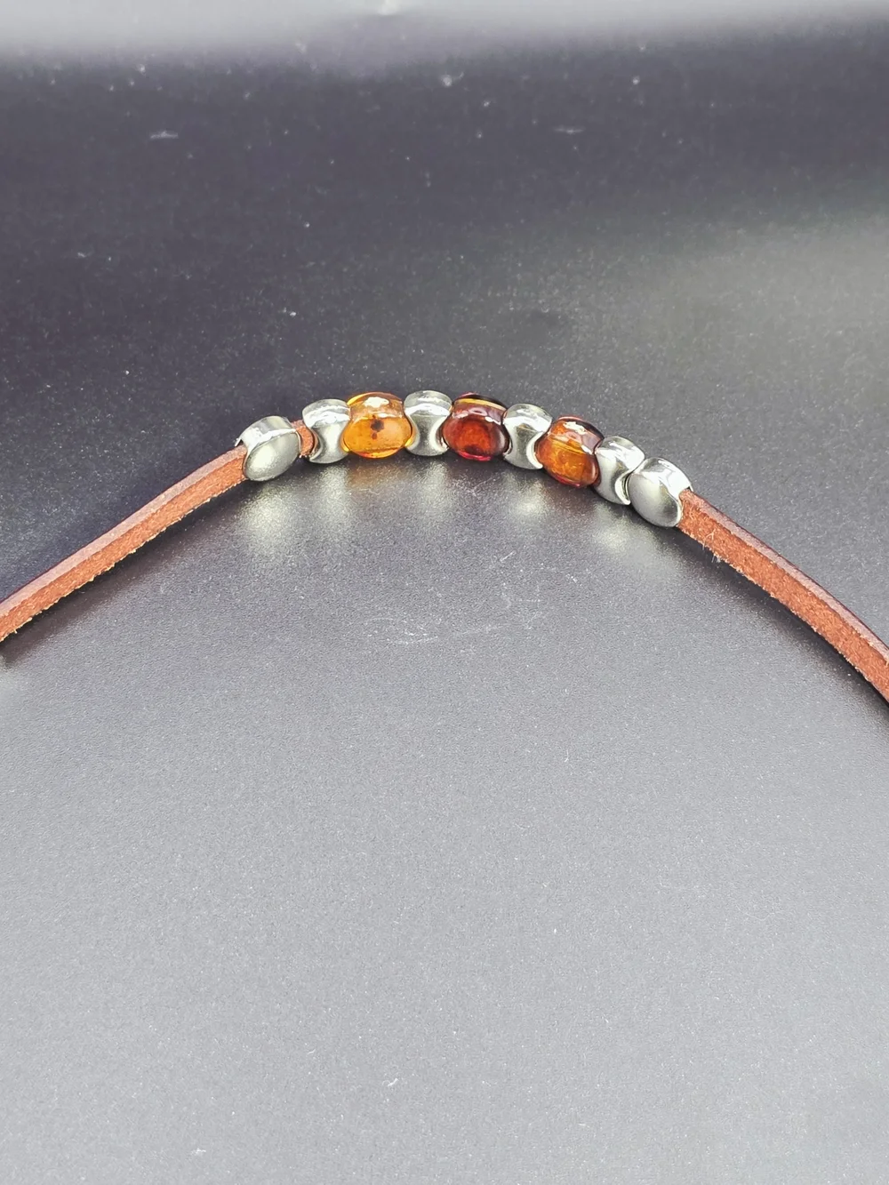 Italian Artisan Leather Bracelet with Amber Glass Cabochons
